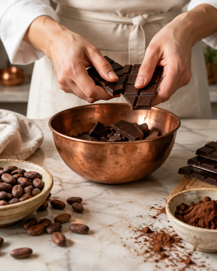 Hands breaking a dark chocolate bar into a copper bowl