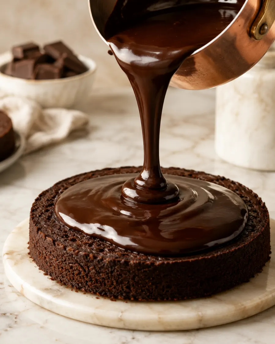 Glossy chocolate ganache poured over a cake layer