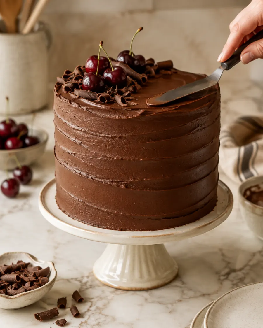Tall chocolate cake finished with a spatula, topped with cherries