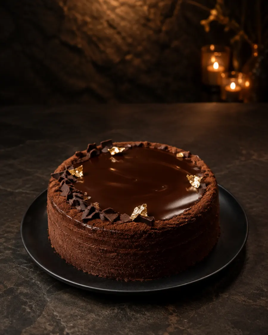 Chocolate truffle cake with glossy ganache and gold leaf on a black plate