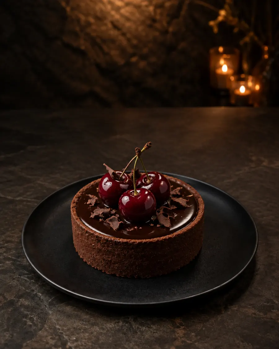 Individual chocolate tart topped with fresh cherries