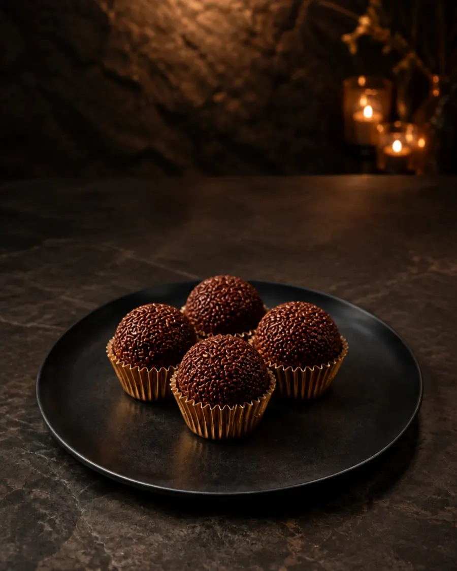 Four gourmet brigadeiros, Brazilian chocolate truffles, in gold cups