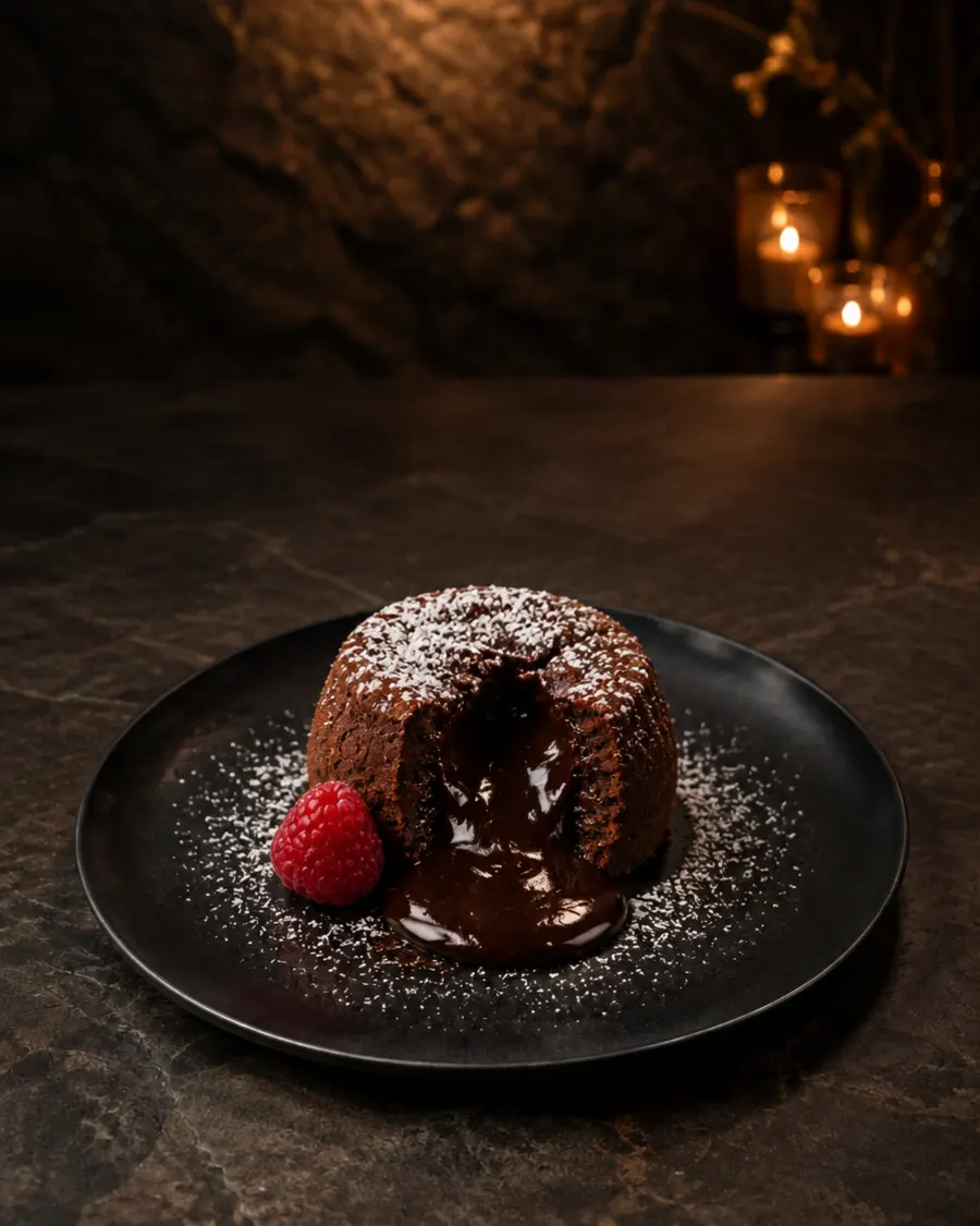Chocolate lava cake cut open with molten chocolate and a raspberry